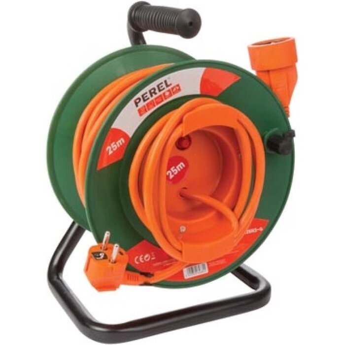 Perel Perel Verlengkabel op haspel, gebruik binnenshuis, randaarde, thermische beveiliging, kabellengte 25 m, 3G1.5, oranje-groen