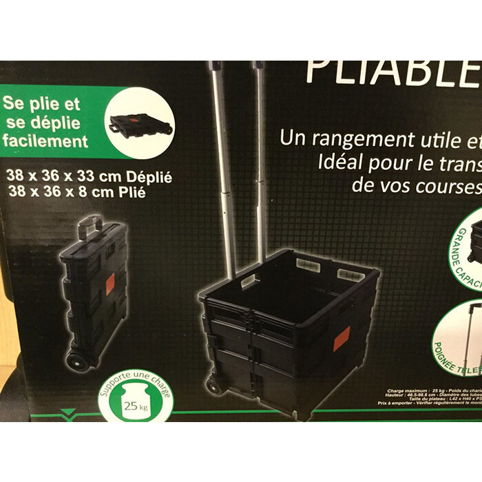 Kinzo Chariot de courses pliable - Noir - Caisse pliable - jusqu'à 25KG - sur roulettes