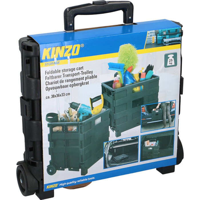 Kinzo - Opvouwbare Boodschappentrolley - Zwart - Opvouwbare Krat - tot 25KG - op Wieltjes