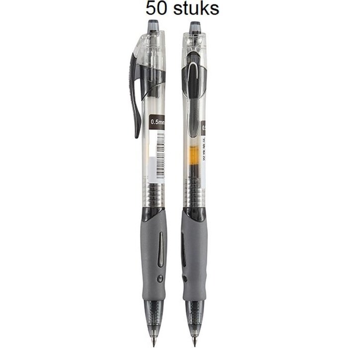 Gel pen double ball 0.5 mm met zwarte inkt per 50 stuks.