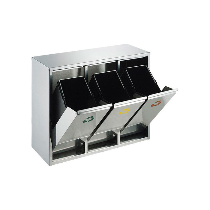 Recycling afvalbak van mat RVS met 3 kunststof binnenbakken (3x 8 ltr)