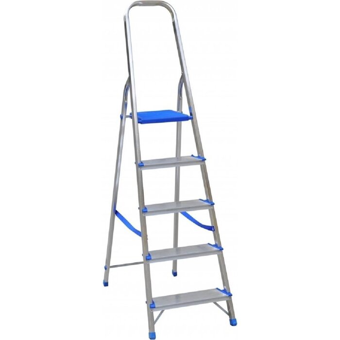 Spider & Co Aluminium professionele ladder of huishoudtrap met kunststof platform en beugel met 5 treden. Belastbaar tot 150 kg!
