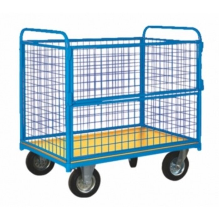 Chariot à plate-forme avec grillage tout autour et capacité de charge de 400 kg. Ouvert sur un côté long.