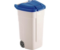 Rubbermaid Poubelle extérieure 100 LTR, RUBBERMAID beige avec couvercle bleu