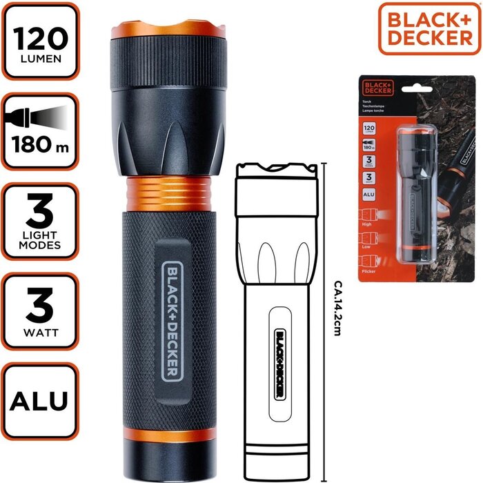 Black & Decker Black + Decker Led zaklamp 3W 120 lm 180mtr beam