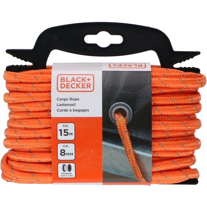 Black & Decker BLACK+DECKER Spanband 15 Meter - Incl. Spanband Oproller - Sjorband - Transport Touw - Elastisch Koord - met Reflecterende Delen - Transportbeheer - Nylon/ Kunststof - Oranje/Zwart
