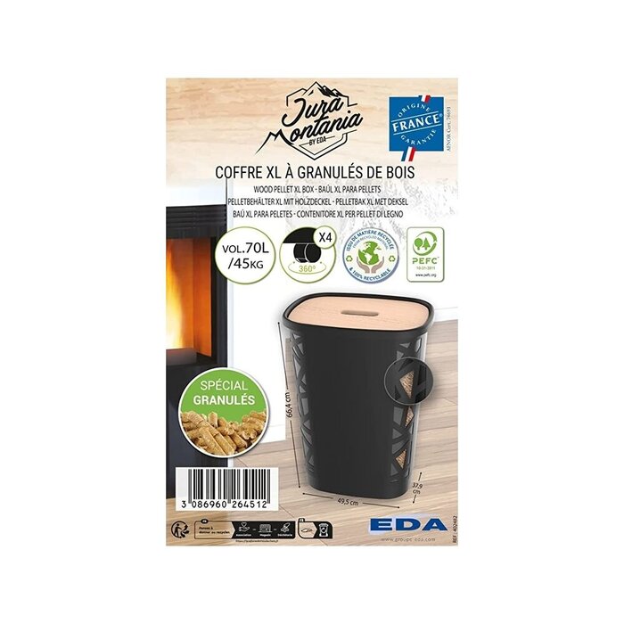 EDA EDA Stockage de granulés de bois XL avec couvercle - 70 litres - 45 kg - 66,4 cm de haut - Plastique