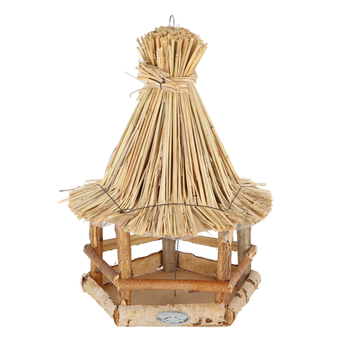 Mangeoire suspendue en bois de bouleau avec toit en paille