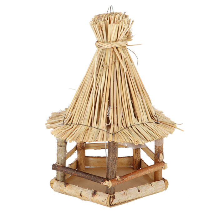 Hängendes Vogelfutterhaus aus Birkenholz mit Strohdach