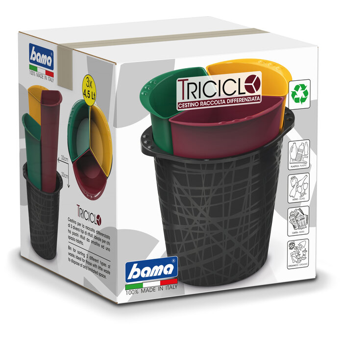 Stanley Bama Triciclo afvalemmer of prullenbak met 3 x 4,5 liter gekleurde compartimenten