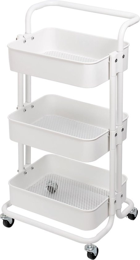 Chariot de cuisine en métal avec 3 tiroirs - Blanc - 46 x 35 x 76,5 cm - Avec roues et frein