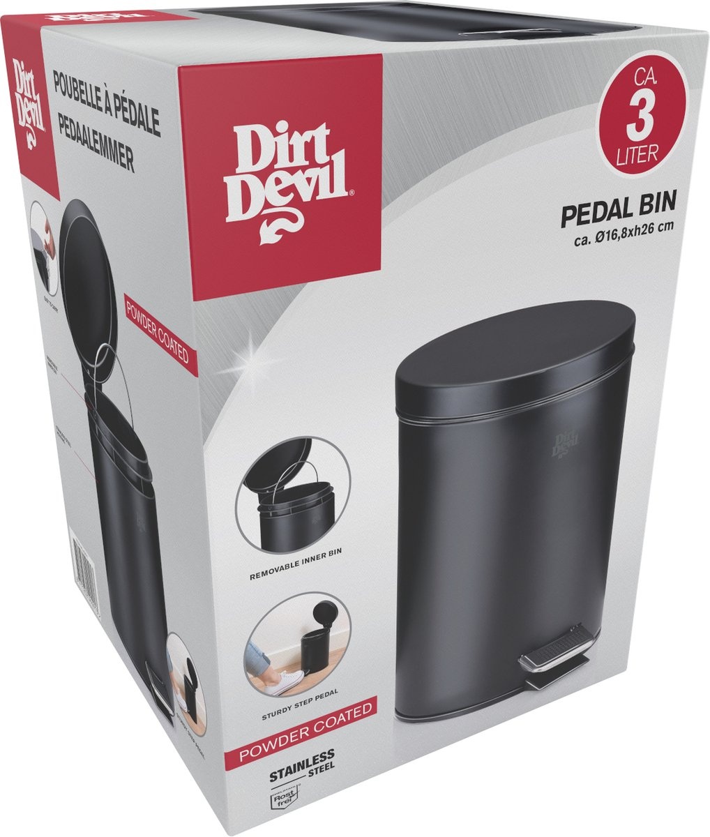 Dirt Devil Treteimer 3 Liter - Abfalleimer - Edelstahl - Schwarz