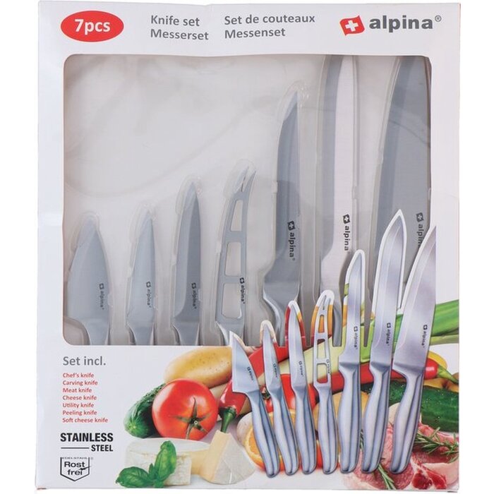 Set de couteaux Alpina - 7 pièces - Couteau de chef/ Couteau à découper/ Couteau à viande/ Couteau à fromage/ Couteau de base/ Couteau à éplucher/ Couteau à fromage à pâte molle - acier inoxydable