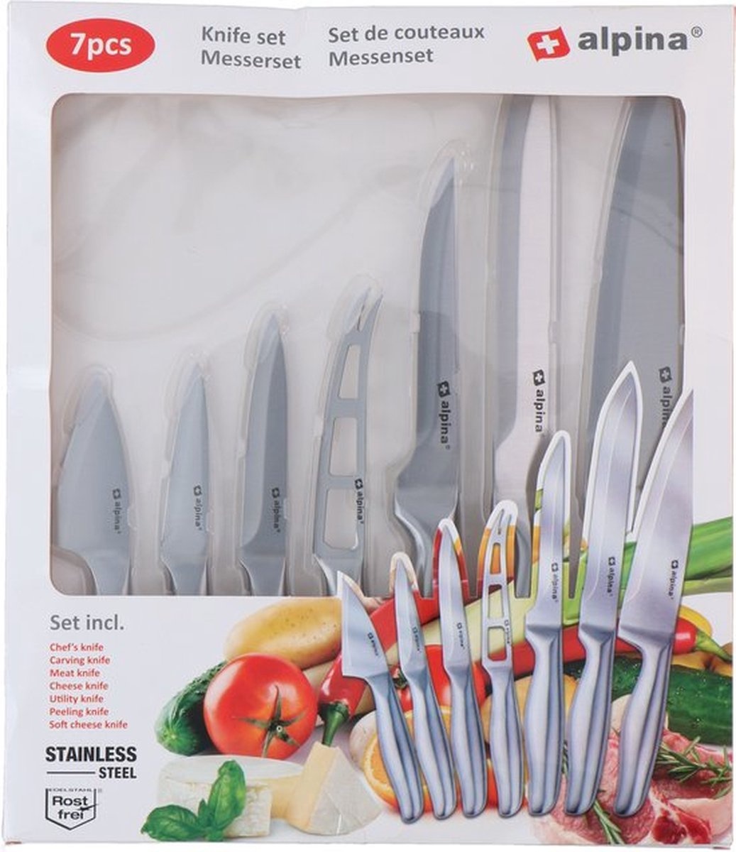 Set de couteaux Alpina - 7 pièces - Couteau de chef/ Couteau à découper/ Couteau à viande/ Couteau à fromage/ Couteau de base/ Couteau à éplucher/ Couteau à fromage à pâte molle - acier inoxydable