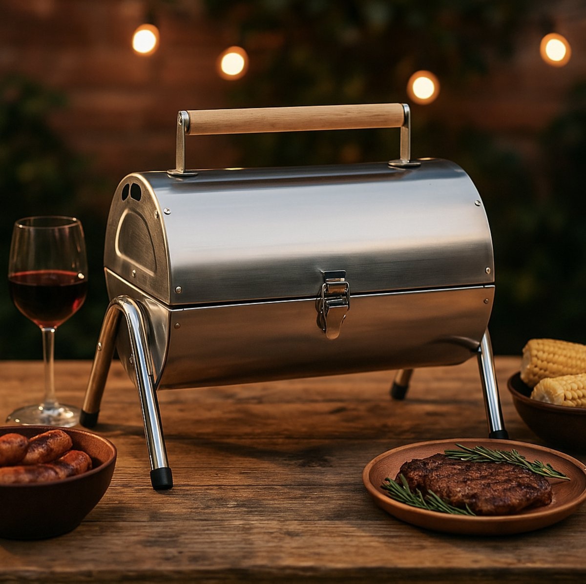 Alpina Tischgrill Holzkohle - mit Deckel - tragbar - Silber