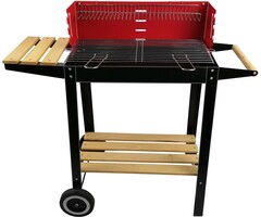 BBQ Collection - Holzkohlegrill - Räder - Verstellbarer Rost - Windschutzscheibe - Beistelltisch - Schwarz - Rot