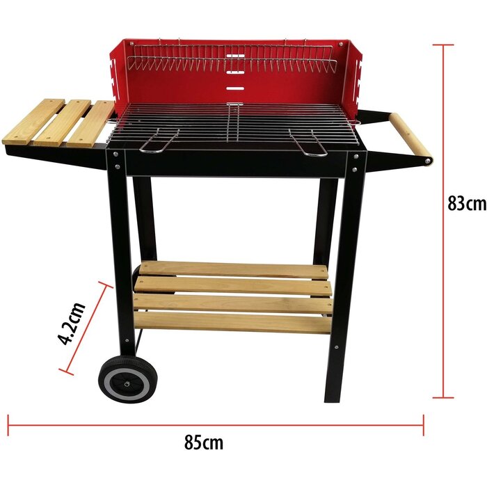 BBQ Collection - Barbecue au charbon de bois - Roues - Grille réglable - Pare-brise - Table latérale - Noir - Rouge