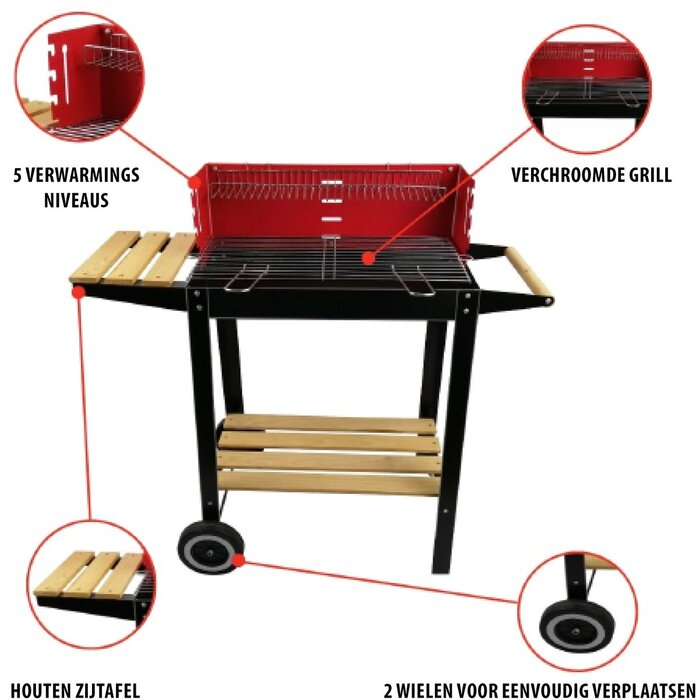 BBQ Collection - Houtskoolbarbecue - Wielen - Verstelbaar Rooster - Windscherm - Zijtafel - Zwart - Rood