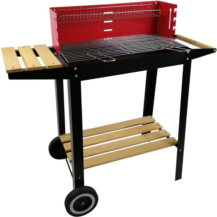 BBQ Collection - Houtskoolbarbecue - Wielen - Verstelbaar Rooster - Windscherm - Zijtafel - Zwart - Rood