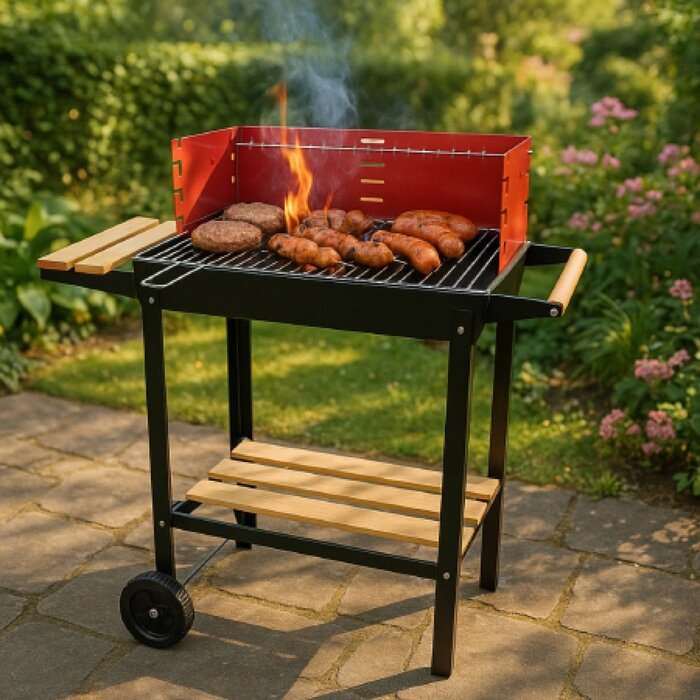 BBQ Collection - Houtskoolbarbecue - Wielen - Verstelbaar Rooster - Windscherm - Zijtafel - Zwart - Rood