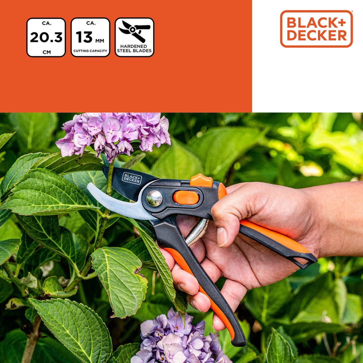 Toolland BLACK+DECKER Gartenschere 20,3 cm - Starke Klingen aus gehärtetem Stahl - Komfortabler Griff - Für Äste bis 13 mm
