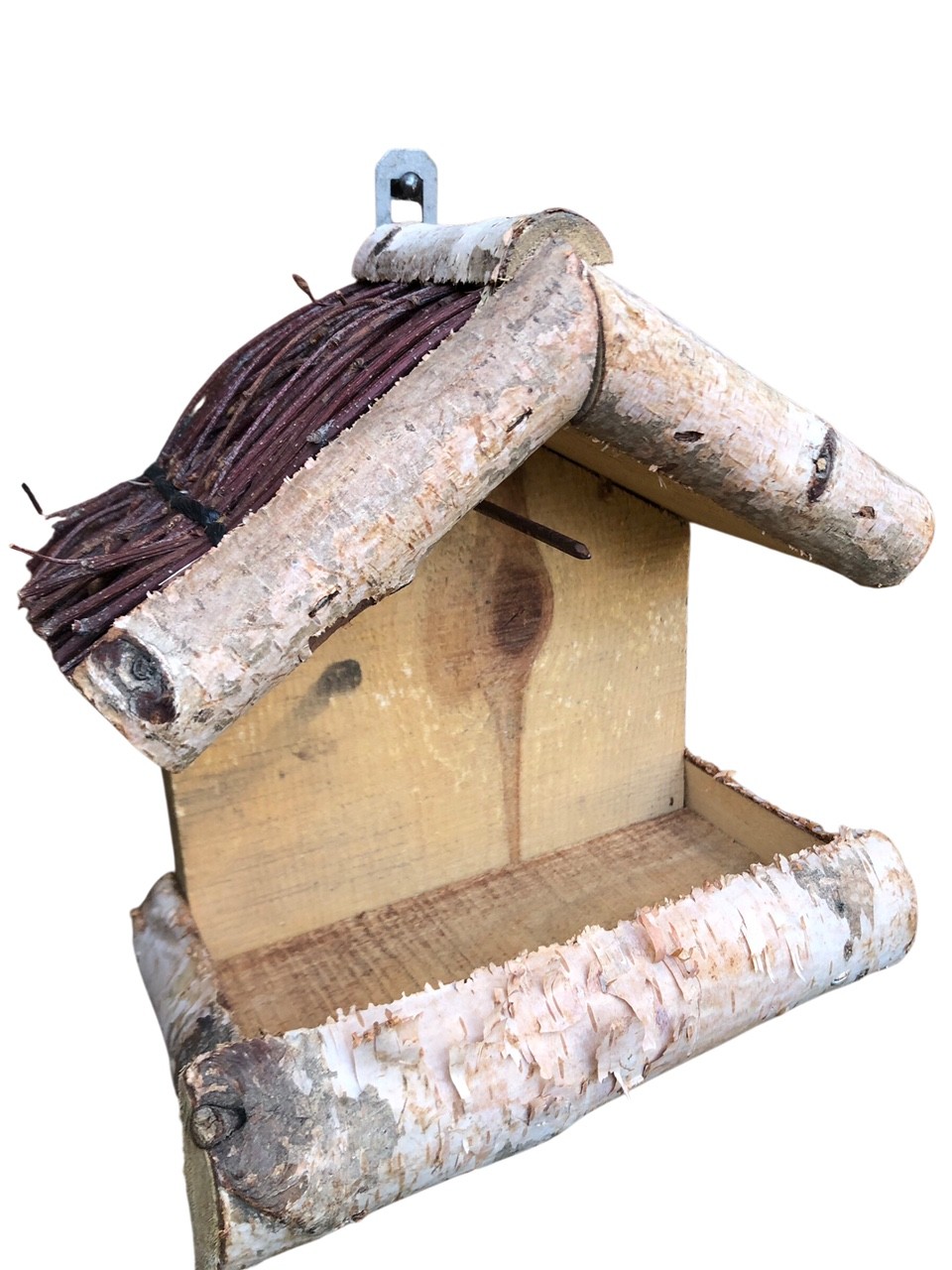 Dutchlander Vogelfutterhaus - Wandmontage - Birke mit Zweigdach & Fettkugelstift - 19x19x9 cm