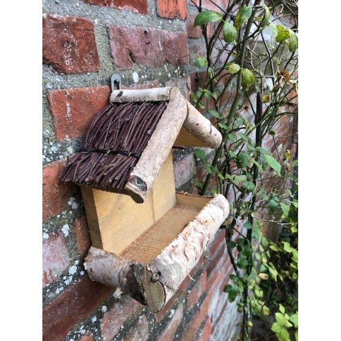 Dutchlander Vogelfutterhaus - Wandmontage - Birke mit Zweigdach & Fettkugelstift - 19x19x9 cm