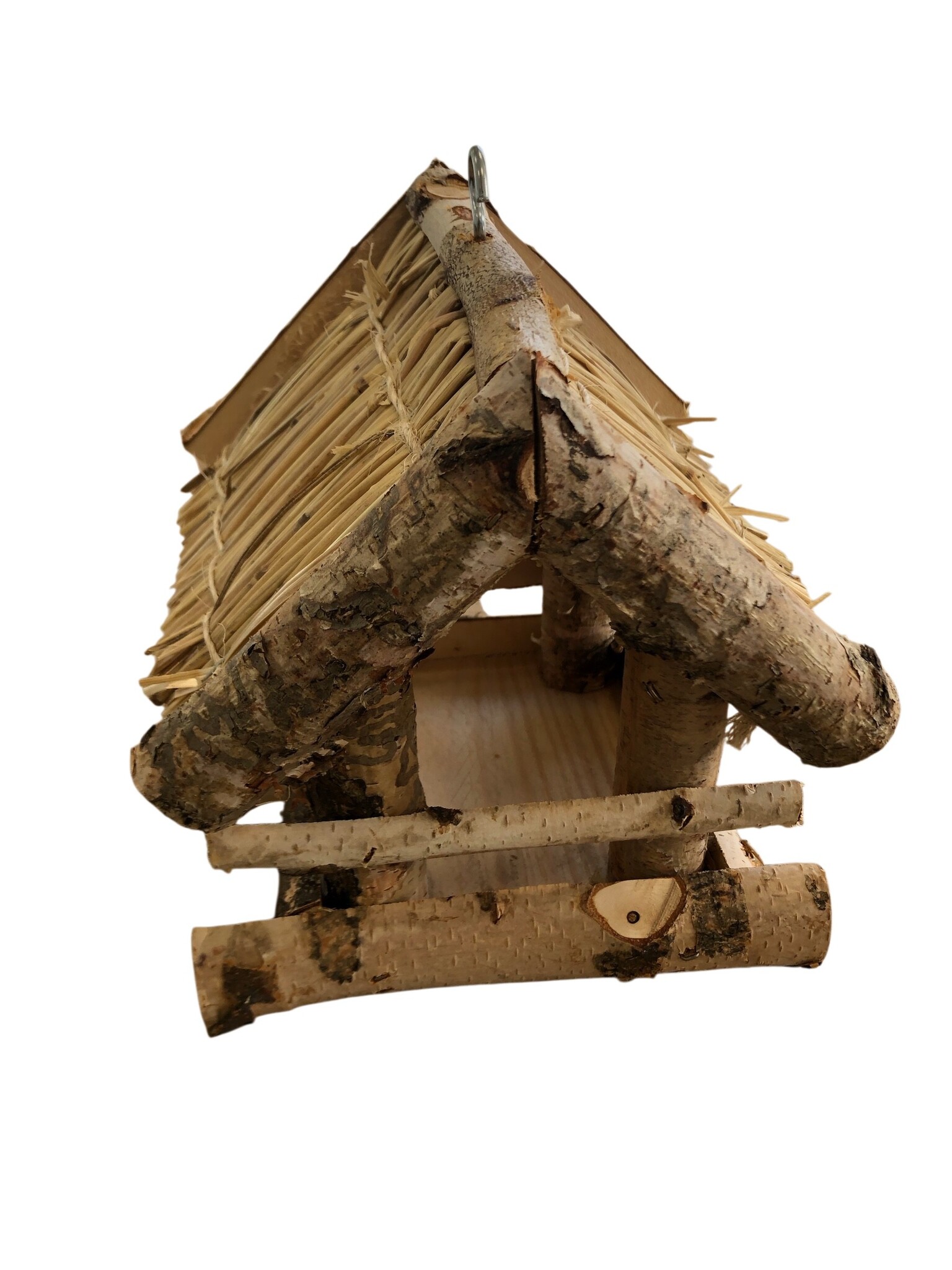 Dutchlander Vogelvoedertafel – Hangend – Berken met Dakje van stro 19 x 19 x 22 cm