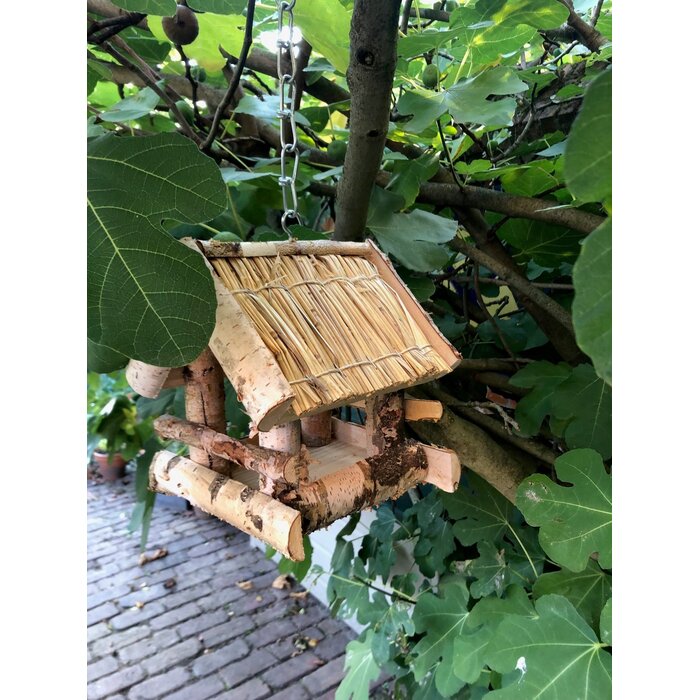 Mangeoire à oiseaux Dutchlander - suspendue - bouleau avec toit en paille 19 x 19 x 22 cm