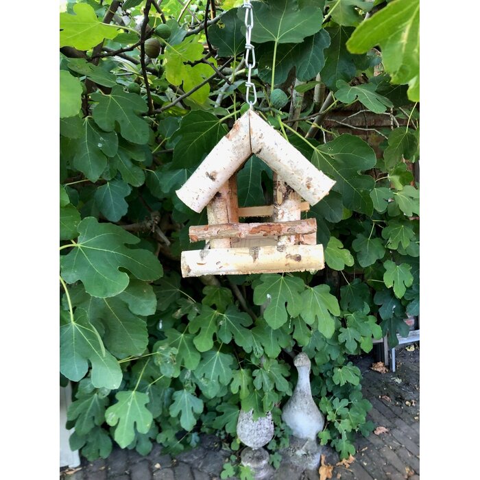 Dutchlander Vogelvoedertafel – Hangend – Berken met Dakje van stro 19 x 19 x 22 cm