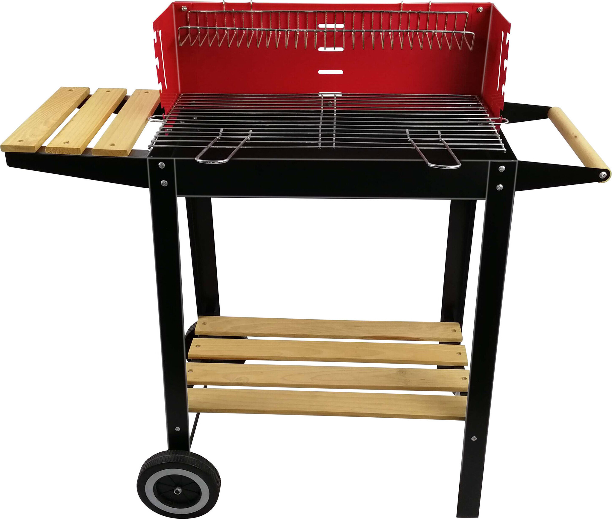 BBQ Collection - Barbecue au charbon de bois - Roues - Grille réglable - Pare-brise - Table latérale - Noir - Rouge