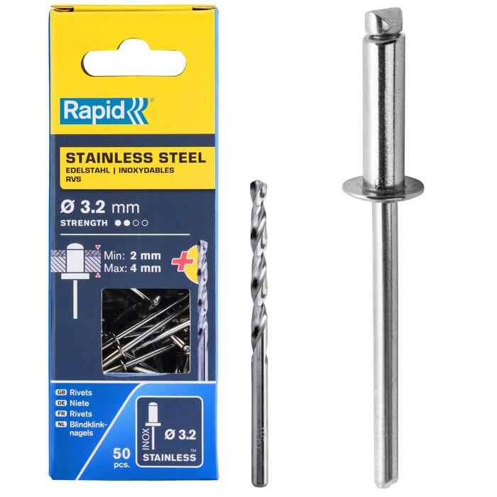 Rapid Blindklinknagels RVS Ø 3,2 x 8 mm incl. Boor 50 st., Box