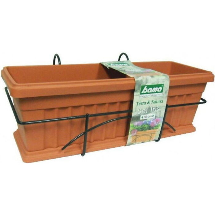 Jardinière d'iris pour balcon 50 cm - Contenant, support et soucoupe - Aspect terre cuite