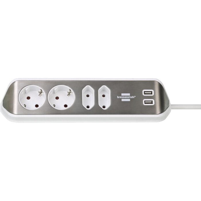 Brennenstuhl brennenstuhl®estilo Ecksteckdose 4fach (Steckdose mit Edelstahloberfläche für Küche und Büro, mit 2x Schutzkontaktsteckdosen, 2x Eurosteckdosen, 2 x USB-Ladegerät) silber/weiß