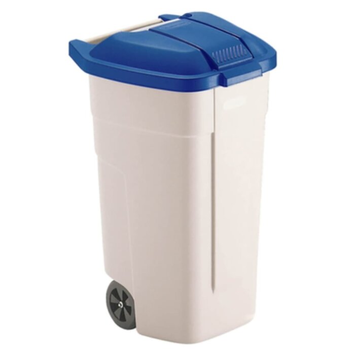 Rubbermaid Poubelle extérieure 100 LTR, RUBBERMAID beige avec couvercle bleu