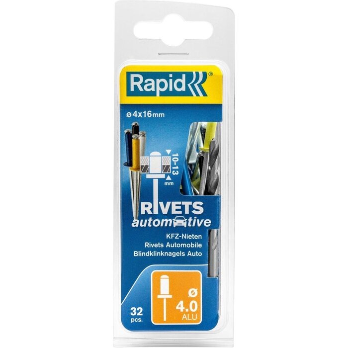 Rapid Rivets aveugles automobiles rapides ø 4 x 16 mm 32 pièces + foret 4 couleurs