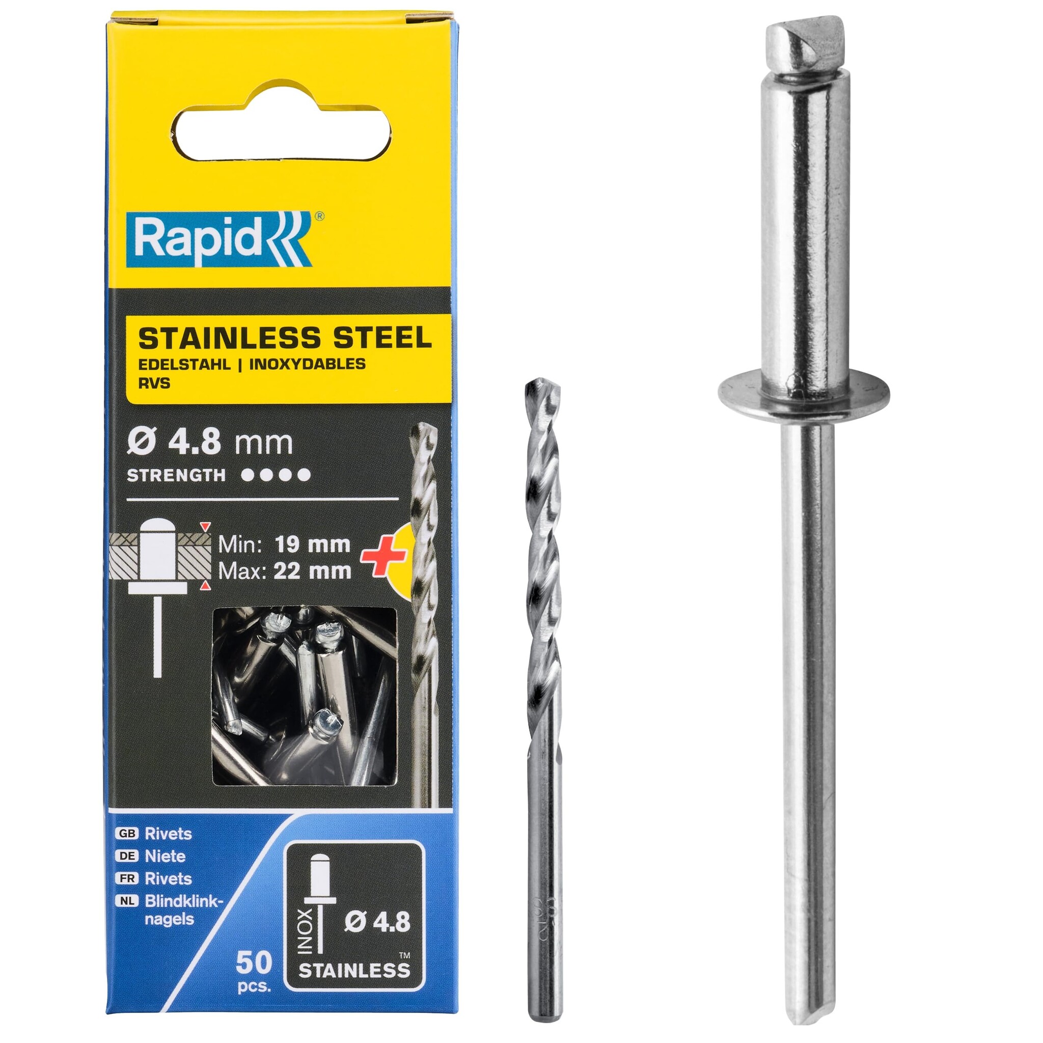 Rapid Blindklinknagels RVS Ø 4,8 x 25 mm incl. Boor 50 st., Box