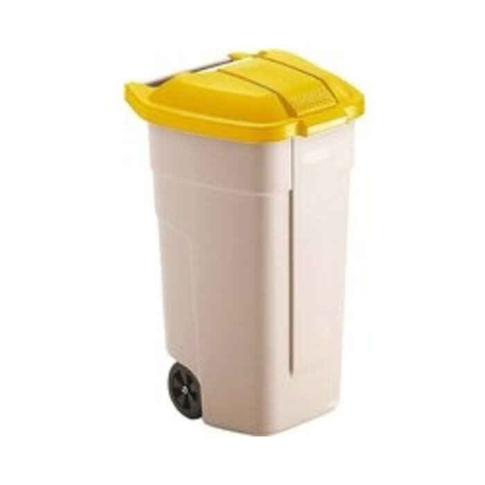 Rubbermaid Poubelle extérieure 100 LTR, RUBBERMAID beige avec couvercle jaune