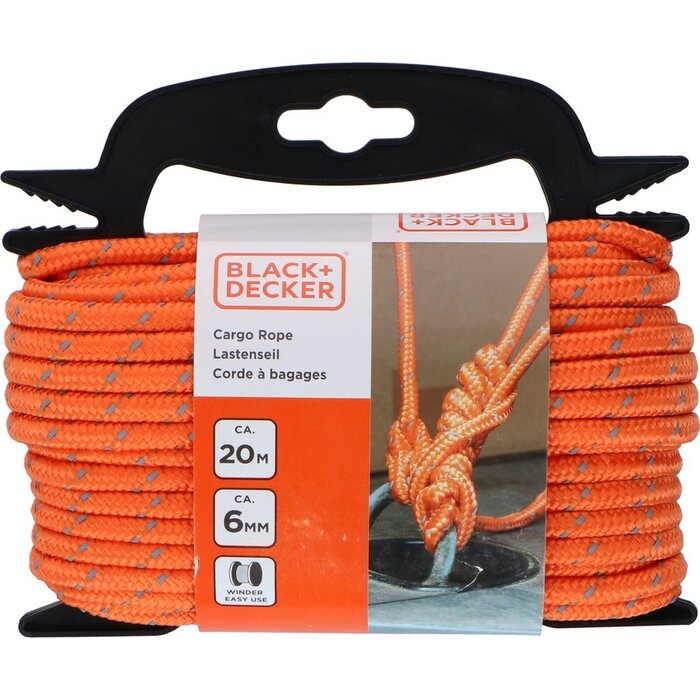 Black & Decker BLACK+DECKER Traversenseil mit Rolle - Zurrseil 20 Meter - 6MM - Nylon - Orange