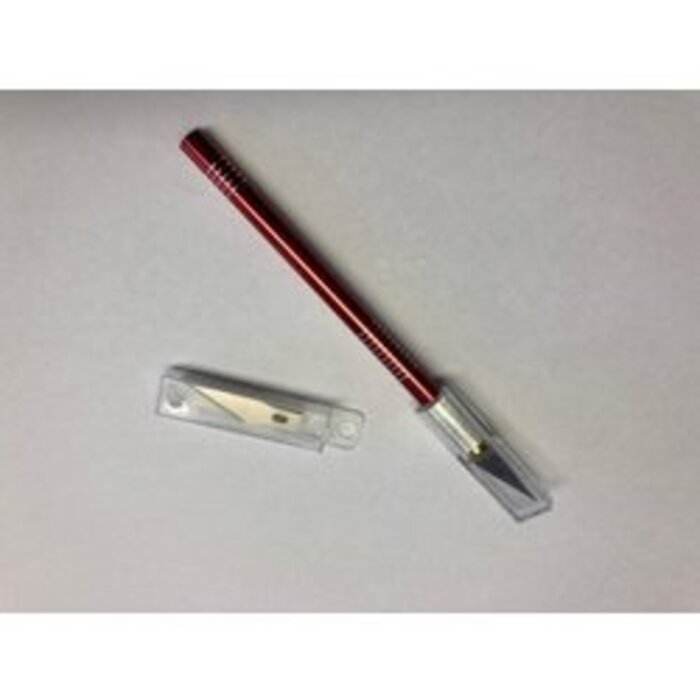 Precisie hobby mes met aluminium grip van 120mm lang, schuin vervangbaar mes en 5 extra mesjes.