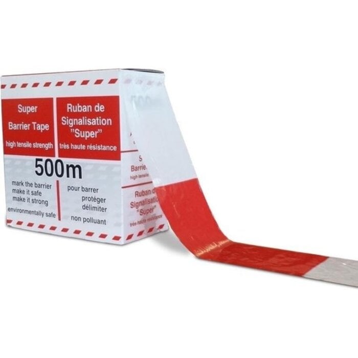 Ruban barrière ROUGE / BLANC boîte distributrice 500 mtr x 75 mm LDPE