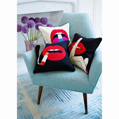 Jonathan Adler Lips Hush Needlepoint Throw Pillow