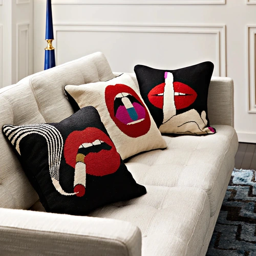 Jonathan Adler Lips Hush Needlepoint Throw Pillow