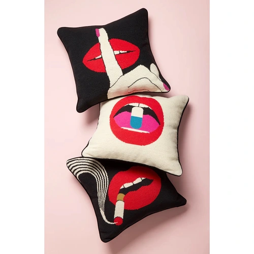 Jonathan Adler Lips Hush Needlepoint Throw Pillow