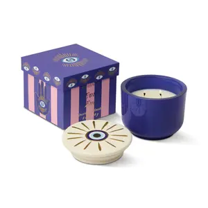 HOF House of Furniture Charmed 8oz/226g Blue Glass Candle with Evil Eye Ceramic - Incense & Smoke