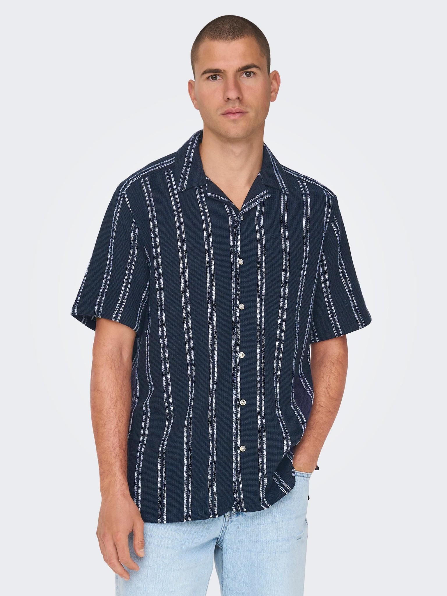 Only & Sons Onstrev Life REG Struc Stripe SS Shirt (187197 Dark Navy)