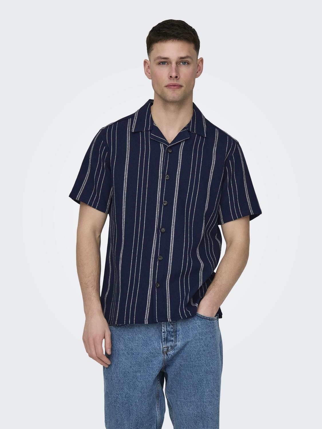 Only & Sons ONSTREV LIFE REG SS STRUC STRIPE SHIRT DARK NAVY