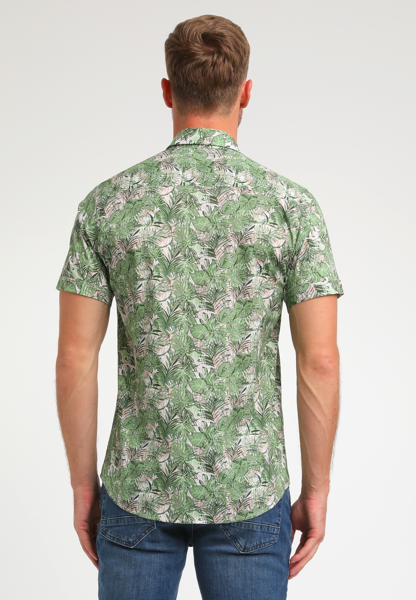 Redmond overhemd korte mouw olijfgroen, blauw en wit design