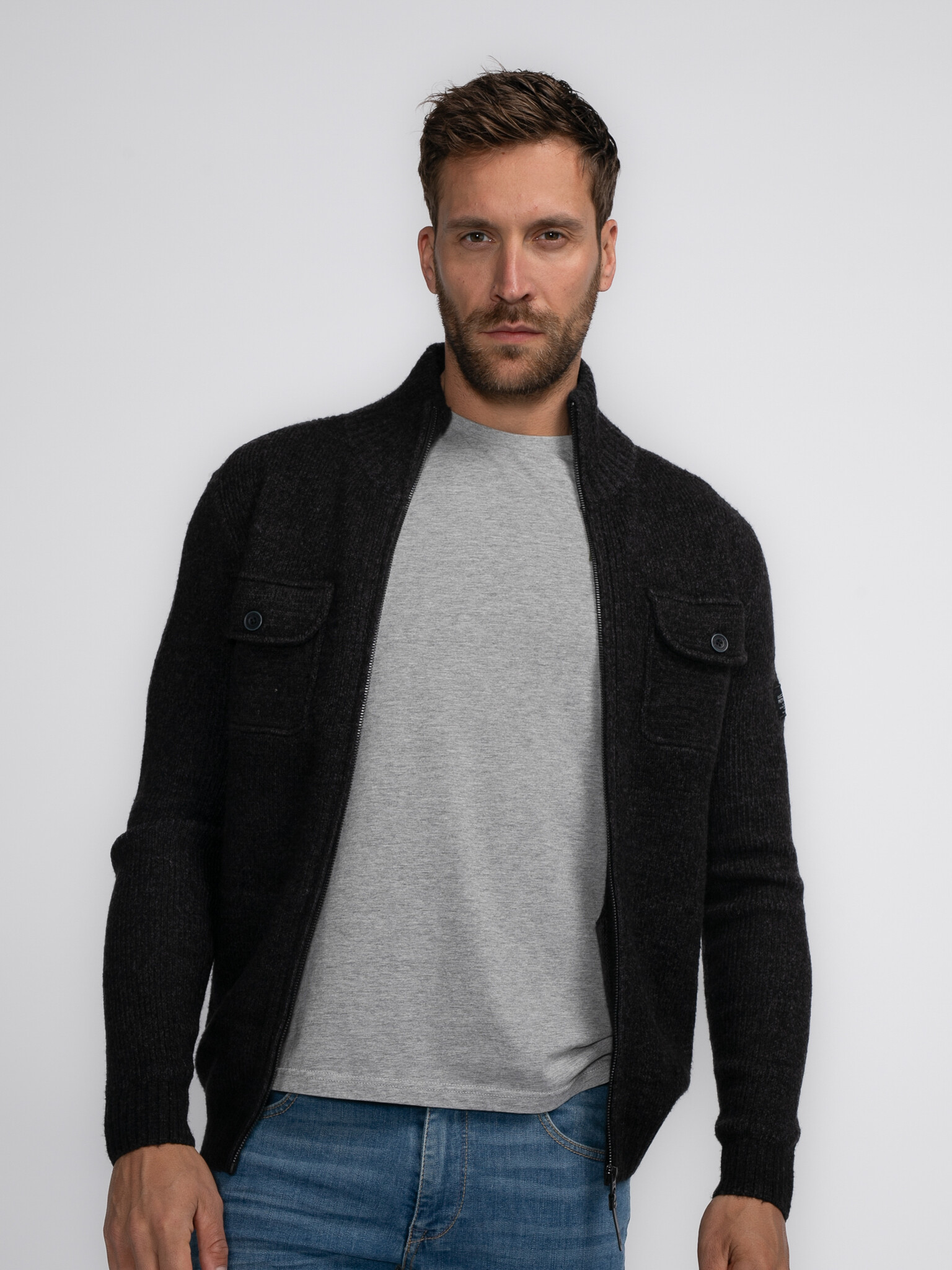 M-3040-KWC218 Men Knitwear Collar Cardiguan (9091 Dark Black)
