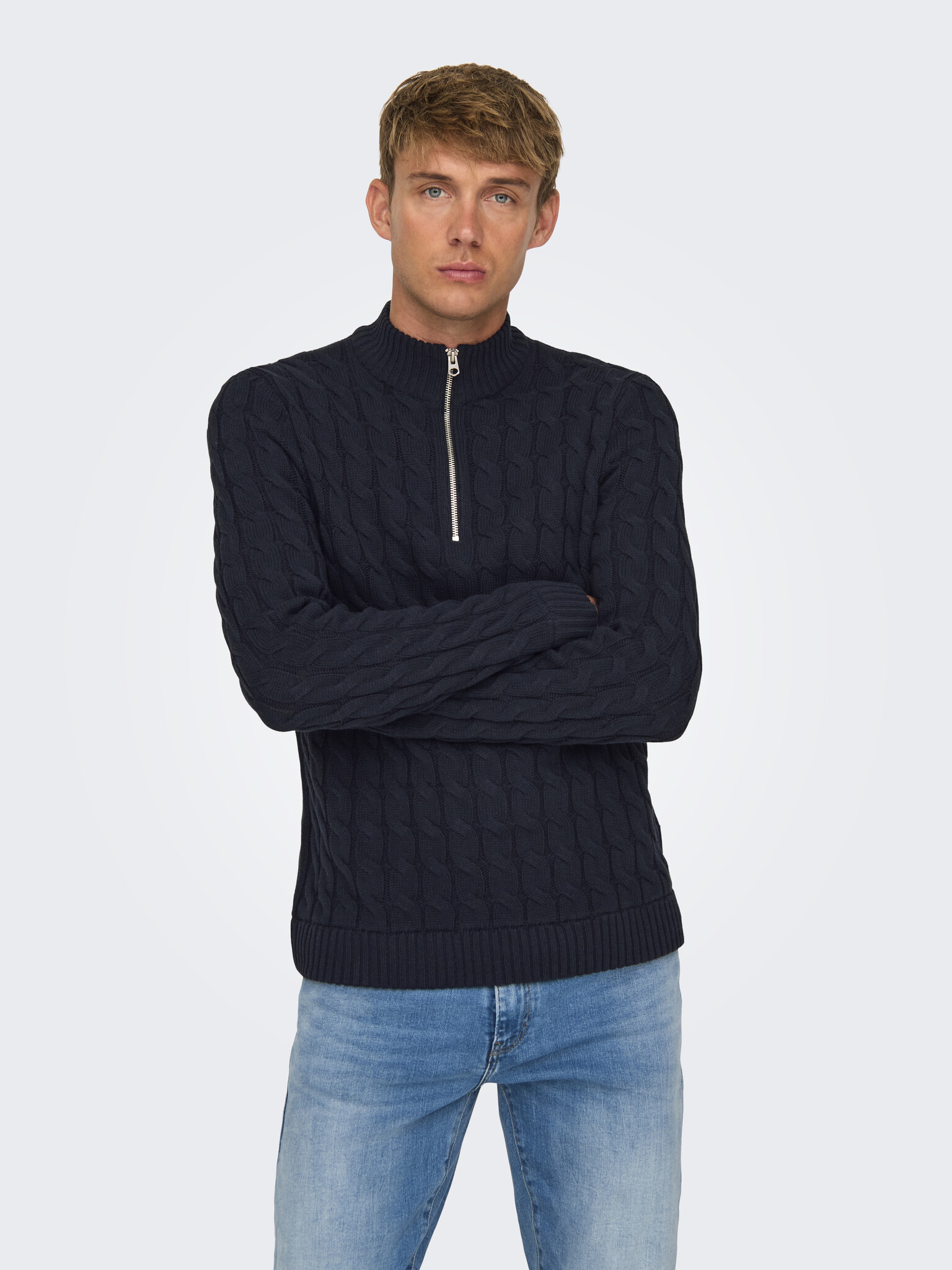 ONSKICKER LIFE REG 3 CABLE HALF ZIP KNIT (Dark Navy)